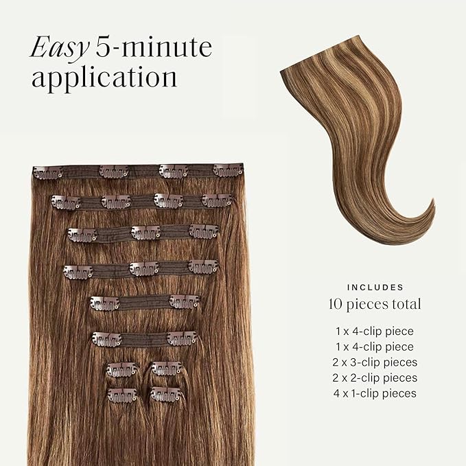 Luxy Hair 24" Chestnut Brown Highlights Classic Clip-In Hair Extensions (240 grams) 100% Remy Human Hair, Natural,Volume, 10-Piece Set, Blends Easily