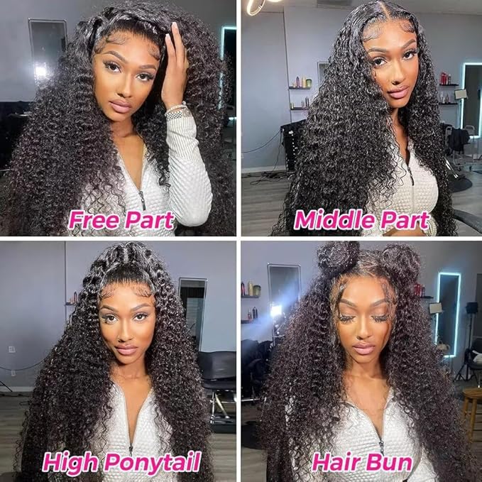 13x6 Deep Wave Lace Front Wigs Human Hair 180 Density Pre Plucked HD Transparent Deep Curly Lace Frontal Human Hair Wig 34 Inch Natural Black Glueless Wigs with Baby Hair for Women
