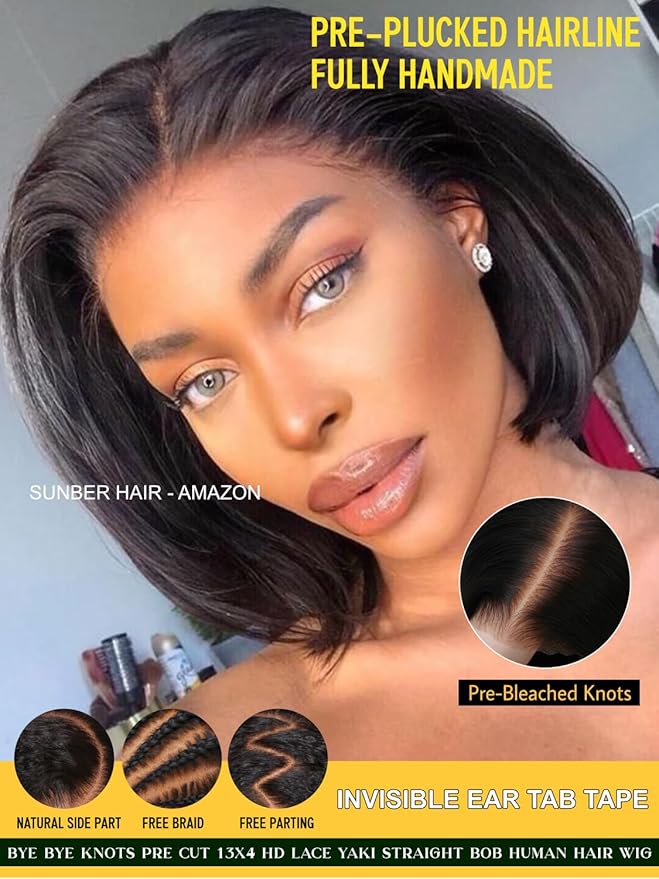 Sunber 13x4 Lace Front Human Hair Bob Wigs Pre Everything 12A Human Hair Bob Pre Plucked Invisible Knots 10Inch Short Bob Wig 150% Density Glueless Bob Wig