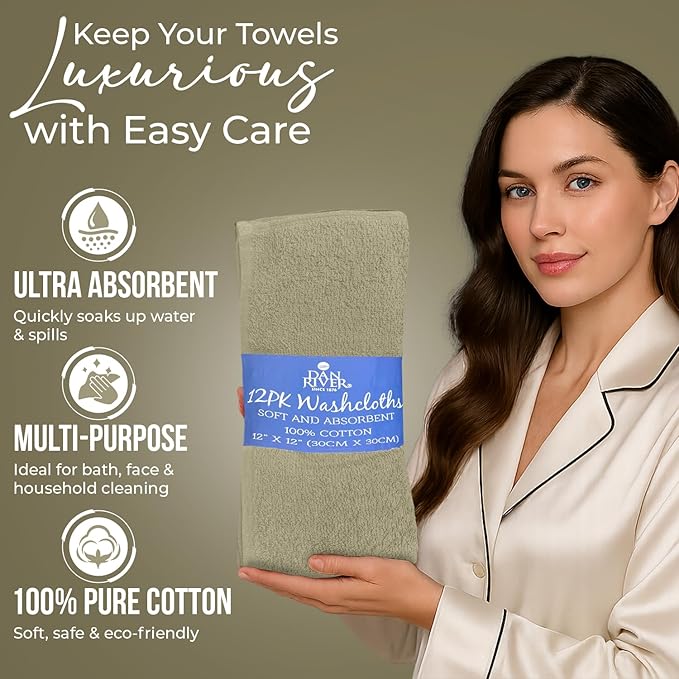 DAN RIVER 12 Pack Wash Cloths for Showering [12x12] - 100% Cotton Washcloths Premium Quality Flannel Face Cloths for Bathroom, Highly Absorbent and Soft Feel Wash Clothes, Beige