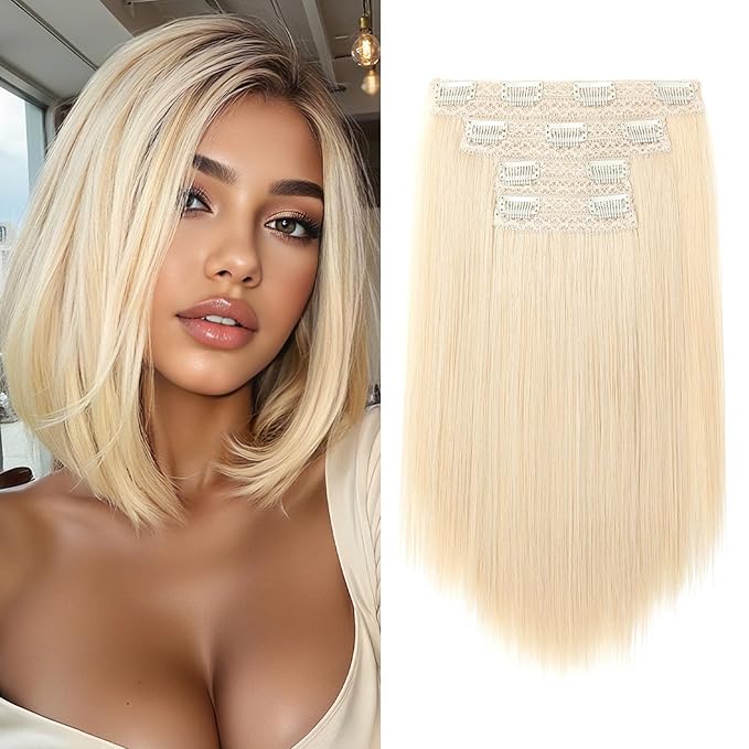 Hair Extensions, 10" Short Clip in Hair Extensions 4PCS Straight Natural Soft Synthetic Hairpiece for Women- Golden Blonde with Highlights