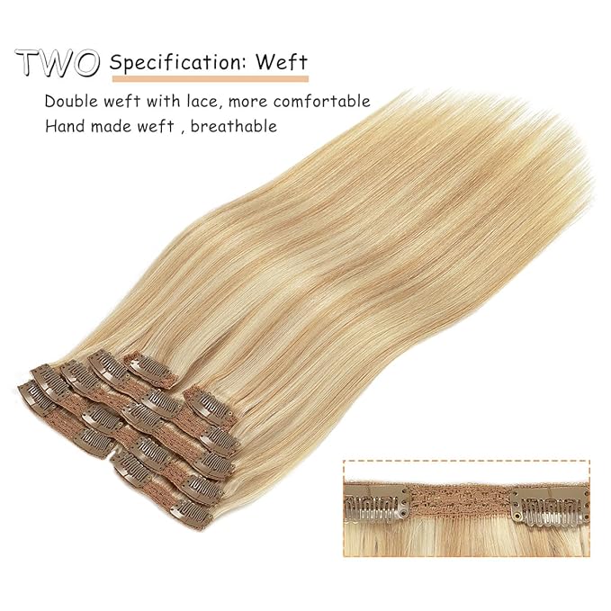 Caliee Clip in Hair Extensions Human Hair P12/60 Light Golden Brown Mixed Highlight Platinum Blonde Hair Extensions Clip ins Double Weft Lace Invisible Silky Straight Remy Hair Extensions 140G 20Inch