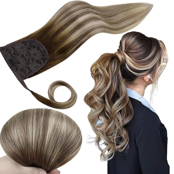 Ponytail Hair Extensions Human Hair Balayage Human Hair Ponytail Extension Straight 12 Inch 70g One Piece Ombre Brown to Blonde Ponytail Extension Real Human Hair Wrap Around Pony Tails