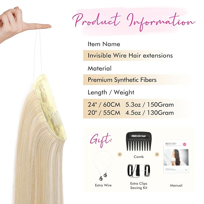 REECHO Invisible Wire Hair Extensions with Transparent Headband Adjustable Size Removable Secure Clips in Straight Secret Hairpiece for Women (20 Inch (Pack of 1), Ash Blonde with Highlights)
