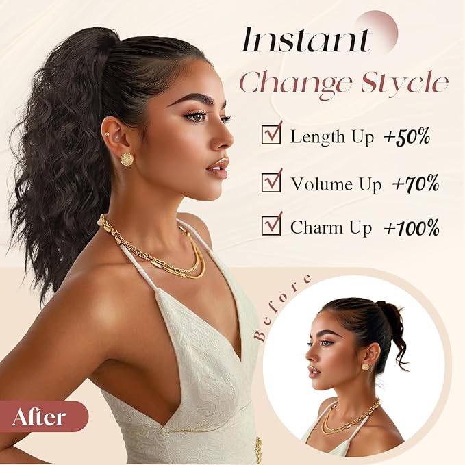 SOFEIYAN Ponytail Extension, 16 inch Claw Clip Ponytail Extension Wavy Curly Ponytails Synthetic Pony Tails Hair Extensions Natural Fake Hairpiece for Women - Brown Mix