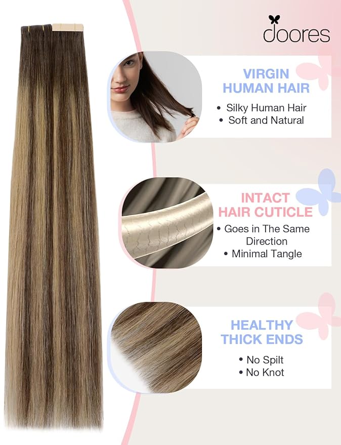 DOORES Invisi Edge Human Hair Extensions Tape in, Chocolate Brown to Caramel Blonde 10 Injection Tape-ins with 10 Classic Tape-ins 50g 16 Inch, Injected Tape in Extensions Virgin Hair