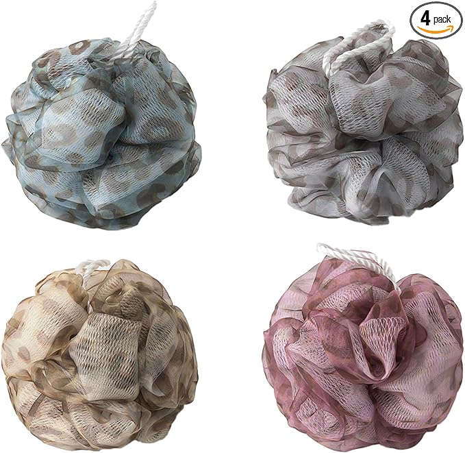 4 Pcs Leopard Shower Loofah Ball, Soft Trendy Organza Mesh Bath Scrub, Rich Lather & Gentle Exfoliating Body Shower Essentials for Women