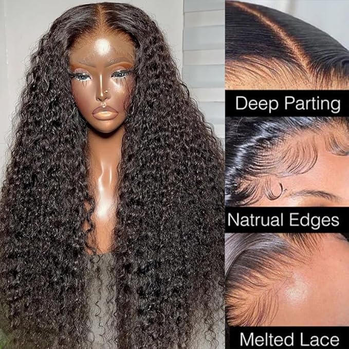 Pre Plucked Deep Wave Frontal Wig HD Transparent Lace Front Wigs Human Hair 13x4 Lace Frontal Wigs For Black Women Brazilian Virgin Deep Curly Lace Front Wigs Human Hair with Natural Hairline 26 inch