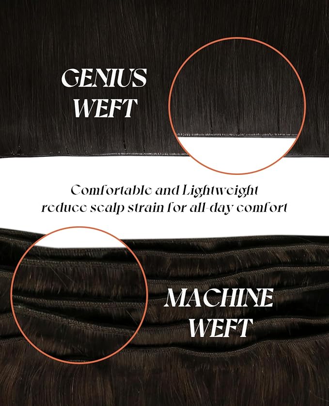 Sunny Hair Genius Weft Hair Extensions Human Hair Dark Brown Genius Weft Sew in Hair Extensions Real Human Hair Brown One Piece Hair Weft Extensions for Women 16inch #2