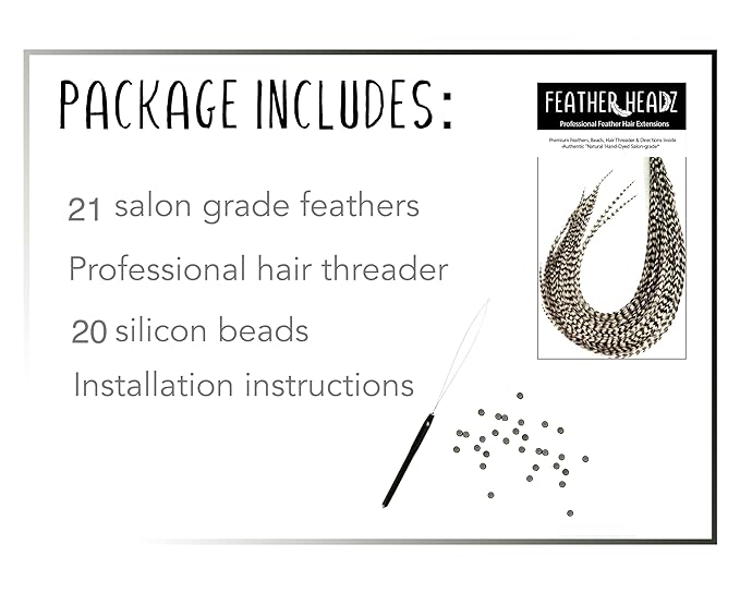 21 Grizzly Color Hair Extensions – 9”–14” Long – DIY Rooster Kit with 20 Micro-Link Beads – 100% Real Feathers – Eye-Catching Boho Style