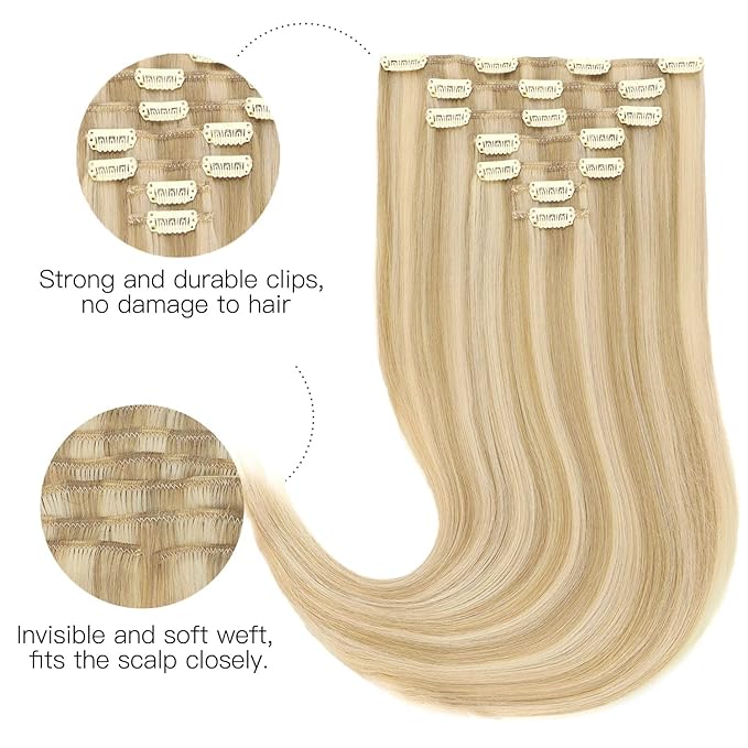 HOTBANANA Human Hair Clip in Hair Extensions, Dirty Blonde Mixed Bleach Blonde Hair Extensions 120g Clip in Hair Extensions Real Human Hair Straight Remy Hair Clip Ins 20 Inch 7pcs