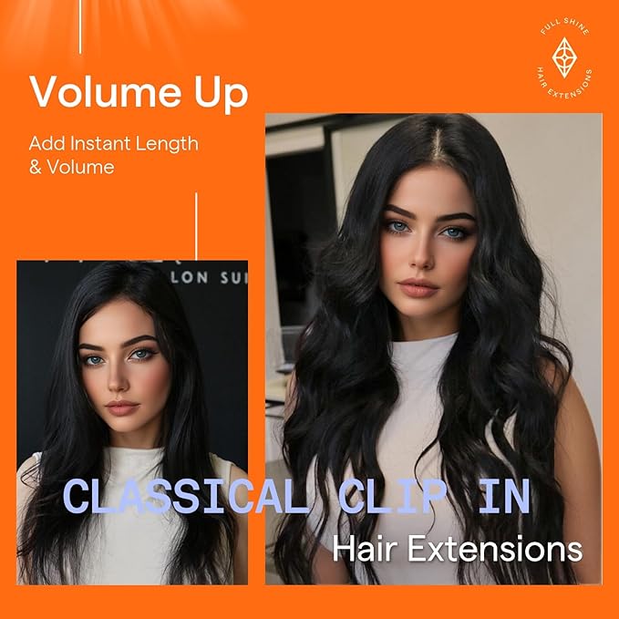 Full Shine Black Clip in Hair Extensions Real Human Hair 22 Inch Straight Real Hair Extensions for Thin Hair Triple Weft Black Clip in Extensions 7 Pcs 120 G