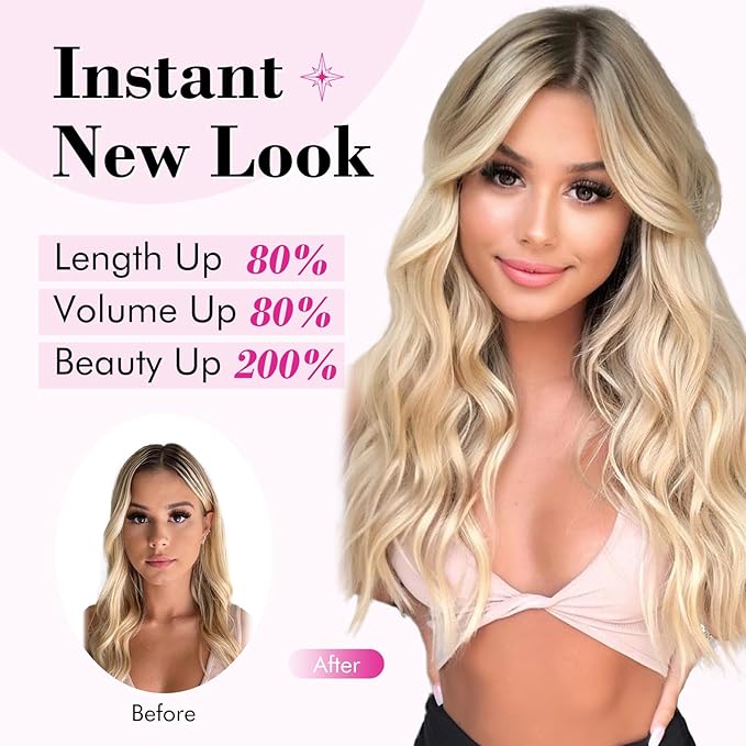 REECHO Clip in Hair Extensions, 20” One Piece Hair Extension Clip in Wefts Long Thick Beach Wavy Natural Soft Synthetic Hairpieces for Women, Medium Blonde with Highlights