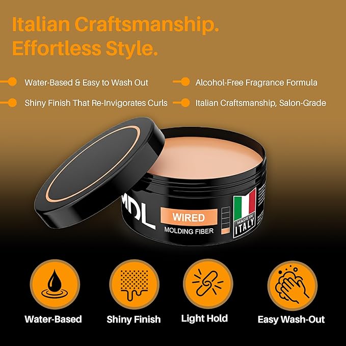WIRED Molding Fiber Hair Wax for Men, Light Hold Pomade with Glossy Shine, Water-Based Hair Styling Product for All Hair Types, Flexible Definition and Smooth Finish, Made in Italy, 100ml