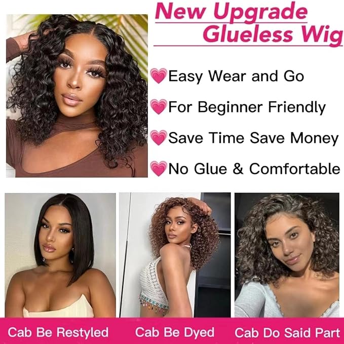 Glueless Wigs Human Hair Pre Plucked Pre Cut Deep Curly Lace Front Wigs Human Hair 4x4 Closure Wigs for Women 150% Density Wear and Go Glueless Wigs Human Hair for Beginners (12 Inch, Short Bob Wig)