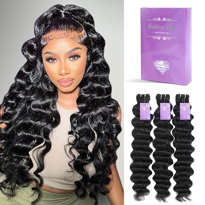 FASHION PLUS Raw Human Hair Bundles, Loose Wave Bundles Human Hair 18 20 22 Inch Thick & Soft, Triple Lifespan, Natural Color