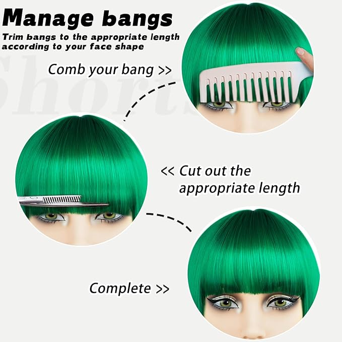 MAYSA Green Wigs with Bangs Short Straight Bob Bangs Wig 12in Synthetic Cosplay Halloween Costume Wig for Women # Green