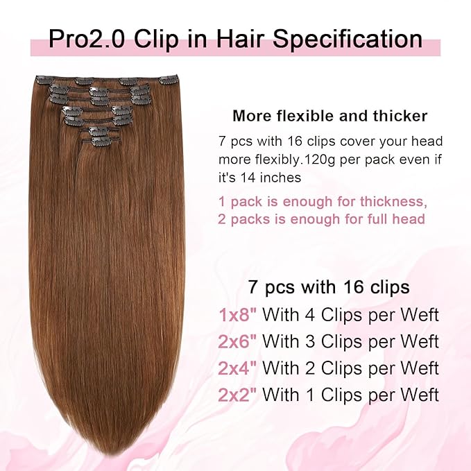 Pro2.0 Clip in Hair Extensions Real Human Hair 120g Thick 7pcs Color #33 Dark Auburn Copper Remy Real Human Hair Extensions Clip ins 14inch Seamless Double Weft for Women（#33-14inch）