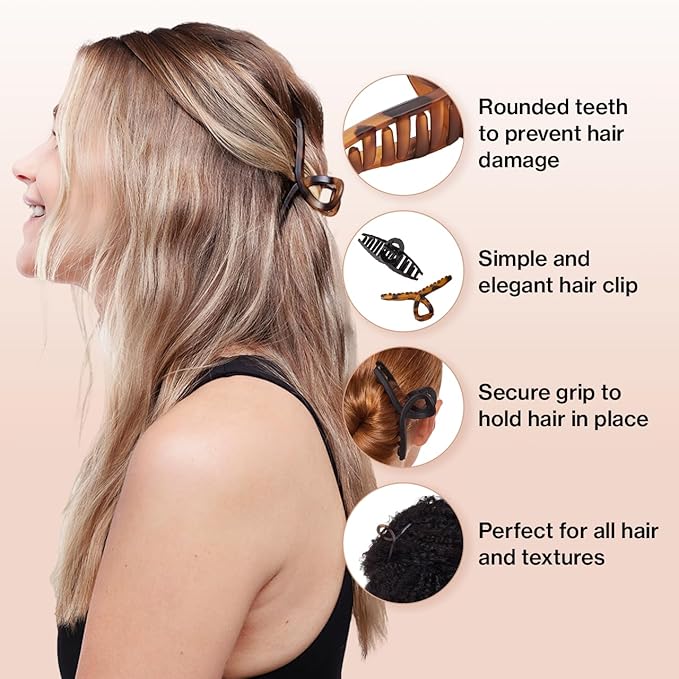 Kitsch Large Hair Clips for Women - Fashionable Loop Hair Claw Clips | Matte Plastic, Easy-Grip | Perfect for Everyday Use & Special Occasions | Ideal Gifts for Women - Tortoise & Black, 2 Pcs