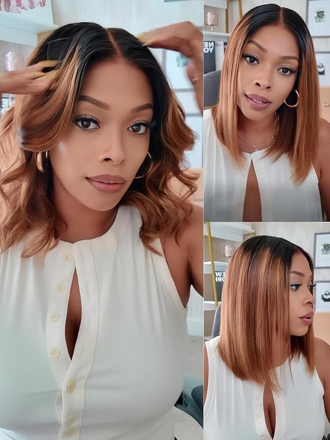 Julia Hair 12 Inch Chestnut Brown Ombre Yaki Straight Bob Wig Glueless Pre Cut 13X4 HD Lace Front Wig Human Hair with Dark Roots Pre Bleached Pre-Plucked with Ear Tape Ready to Go Short Yaki Wig