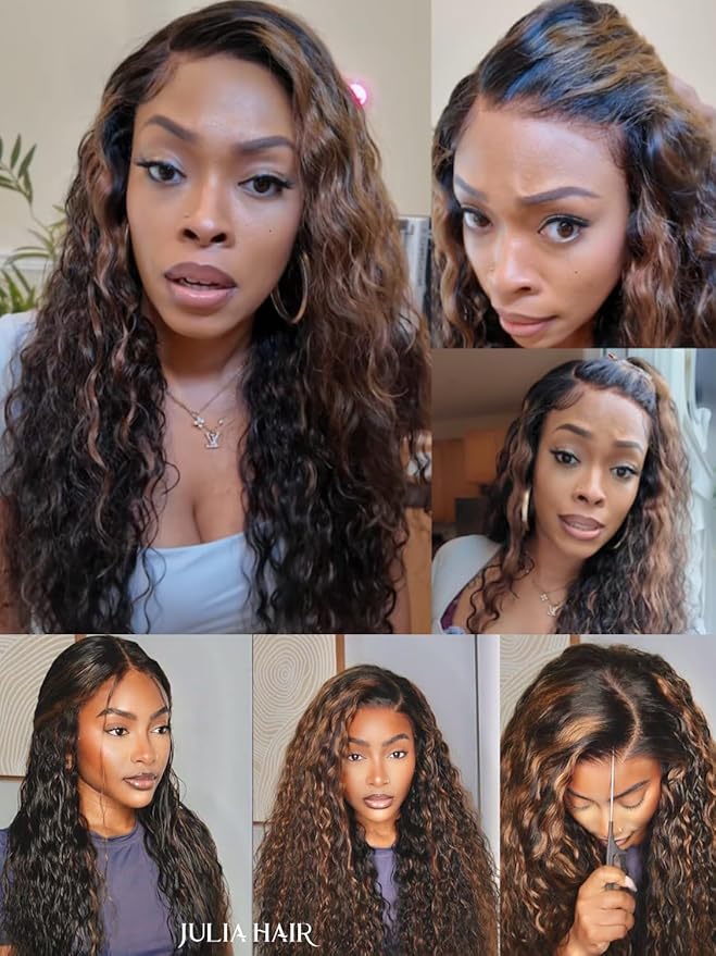 Julia Hair Golden Brown Highlight Deep Water Wave 7x5 Bye Bye Knots HD Lace Closure Glueless Wigs Human Hair Pre Plucked Pre Cut Natural Hairline Ready to Go for Beginners 22 Inch