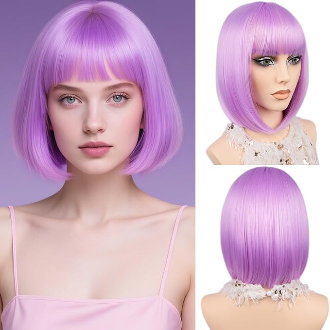 MAYSA Purple Bob Wig with Bangs for Women Short Straight Neon Bob Wig 12in Synthetic Cosplay Daily Party Colorful Wigs # Light Purple
