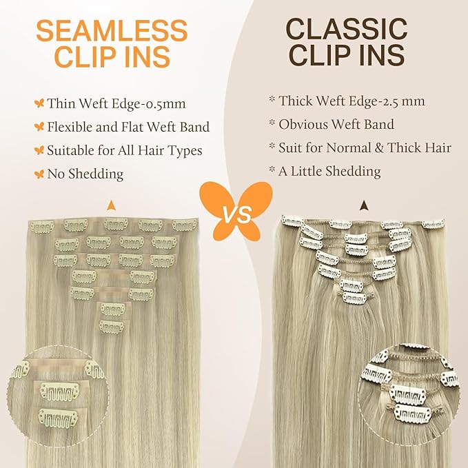 DOORES Seamless Clip-in Hair Extensions - Ash Blonde Highlighted Platinum Blonde, 110g, 7pcs, 18 Inch, Straight Invisi Edge