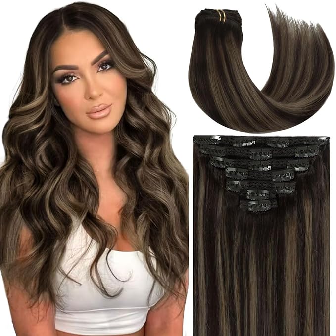 Caliee 22Inch Hair Extensions Real Human Hair 140G Clip on Hair Extensions Soft Stright R1B-1B/6A Balayage Natural Black to Light Chestnut Brown 7PCS Clip in Human Hair Extensions for Women