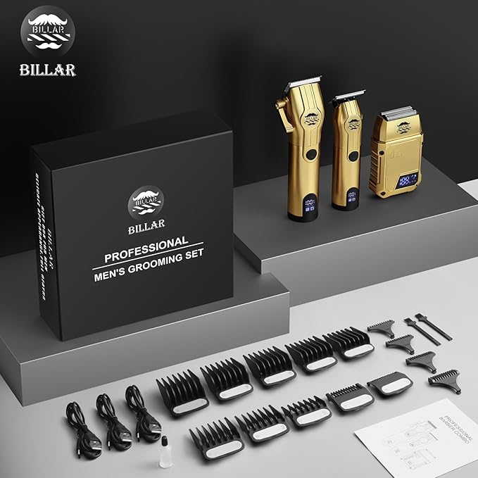 BILLAR Professional Barber Clippers and Trimmer Set - Foil Shaver Professional Hair Clippers for Men, Mens Cordless Hair Clipper for Barbers Haircut Kit（Golden）