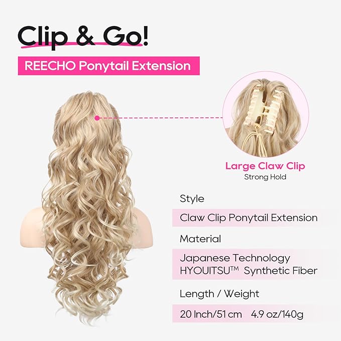 REECHO Ponytail Extension, 24" Claw Clip in Ponytail Extensions Long Curly Wavy Jaw Clip on Pony Tails Hairpiece for Women, Dark Blonde with Light Ends