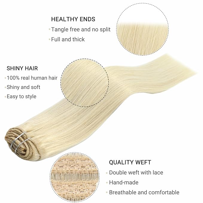 20 Inch Platinum Blonde Clip in Hair Extensions Real Human Hair Extensions Blonde Clip in Extensions for Women Remy Brazilian Hair 7Pcs Straight Hair Thick Ends