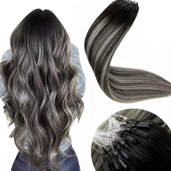 LaaVoo Micro Beads Hair Extensions Ombre Natural Black to Grey Silver Micro Loop Hair Extensions Real Human Hair Balayage Cold Fusion 16 Inch 50g/50s
