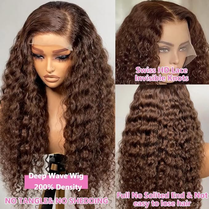34Inch Chocolate Brown Lace Front Wig Human Hair 200 Density 13x6 HD Deep Wave Lace Front Wigs Human Hair Colored Deep Curly Lace Frontal Wigs Glueless Wig Brown Wig Wigs for Women