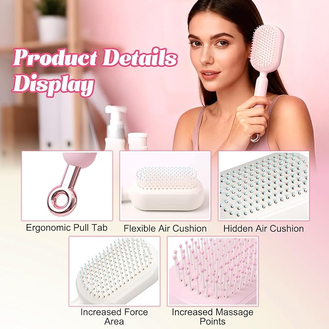Self Cleaning Hair Brush, Retractable Cushion Massage Comb Brush, One-pull Clean Anti Static Brushs, Hairs Styling Tools for All Hairs Types, Retractable Hair Brush for Women Men (pink)