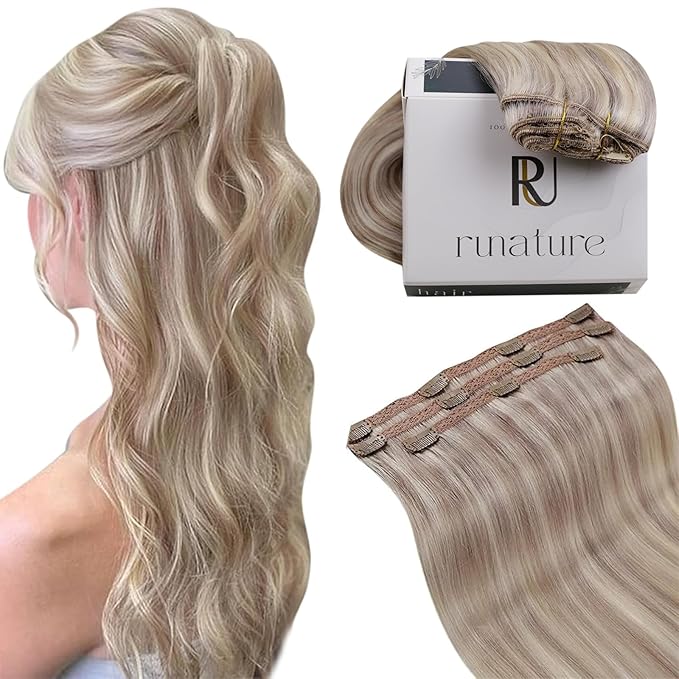 RUNATURE Clip in Hair Extensions Human Hair, Real Hair Extensions Clip Ins, Smooth Soft Remy Hair for Women, Add Hair Volume, Easy to Apply, 14 Inch 50g 3pcs #19P60