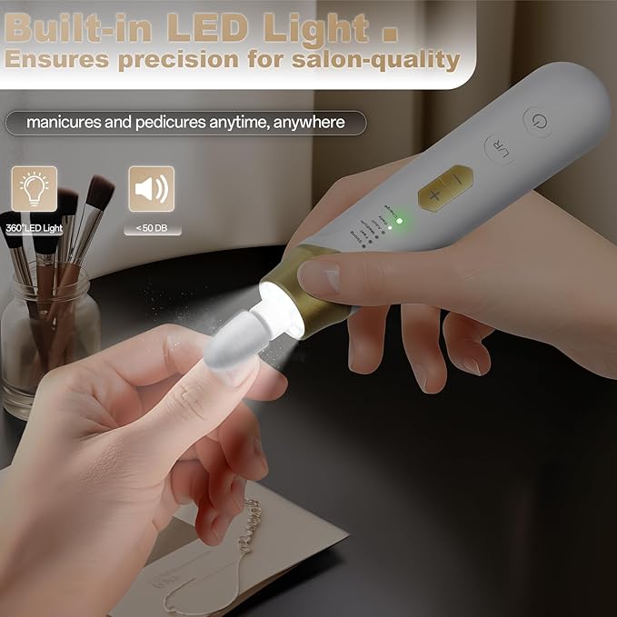 Electric Nail File Drill, Cordless 2000 mAh Rechargeable Nail Filer Electric, Portable Nail Dril Machine Drill for Nails Acrylic Manicure and Thick Toenails Buffer Grinder Care Professional (Golden)