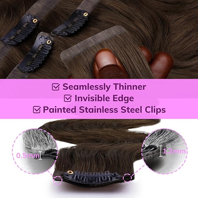 IDN BEAUTY Seamless Clip In Hair Extensions Real Human Hair Chocolate Brown Body Wave Seamless Clip Ins For Black Women PU Weft Invisible Edge Thick Ends 100g 14 Inch 7pcs Colored Extensions