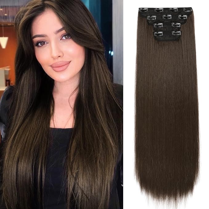 REECHO 28" Straight Long 4 PCS Set Thick Clip in on Hair Extensions -Chocolate Brown