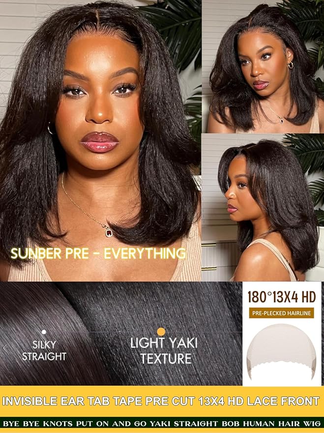 Sunber 13x4 Lace Front Human Hair Bob Wigs Pre Everything 12A Human Hair Bob Pre Plucked Invisible Knots 14Inch Short Bob Wig 150% Density Glueless Bob Wig