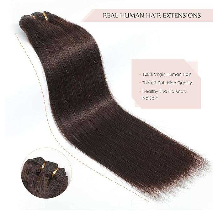 Sisily Clip in Hair Extensions Real Human Hair, 22 inch 170g, Dark Brown, 100% Brazilian Remy Human Hair Clip in Extensions Soft Straight 7pcs Per Set with 16 Clips Double Weft
