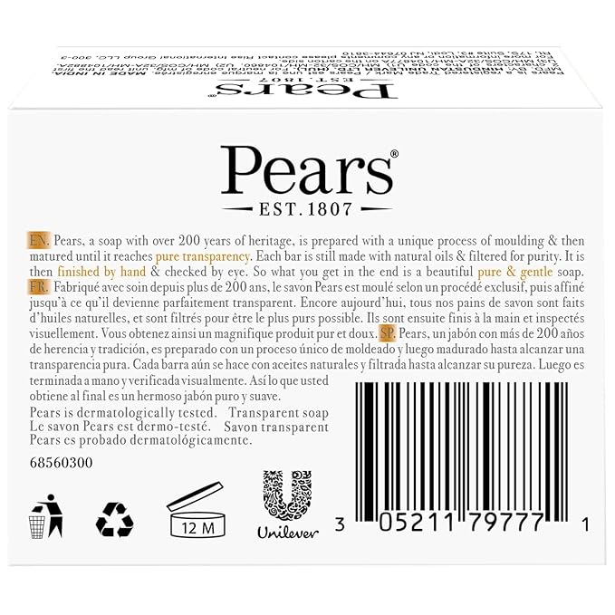 Pears Soap, Pure & Gentle with Natural Oils, 3-Pack – Transparent Amber Glycerin Soap for Pampered, Glowing Skin, 3.53 Oz Ea