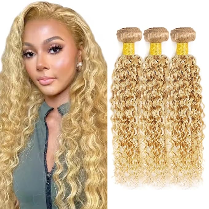 28 30 32 inch P27/613 Human Hair Bundles Blonde Kinky Curly Bundle 2 Tone 27 and 613 Human Hair Weave Bundles Honey Blonde Color