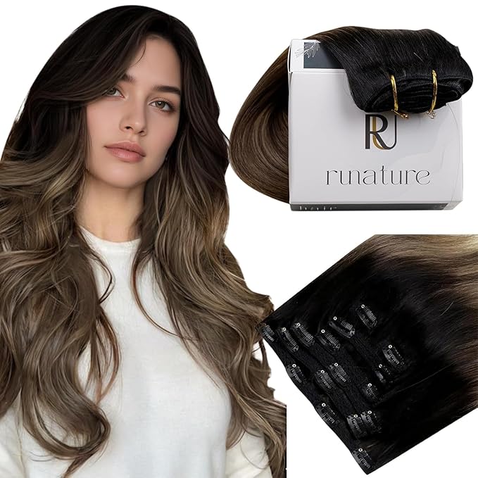 RUNATURE Balayage Clip in Hair Extensions Real Human Hair, Remy Hair Extensions Clip Ins, Short Human Hair Clip in Extensions, 12 Inch 70g 7pcs #1B/6/27 Black Rooted to Brown Highlight Honey Blonde