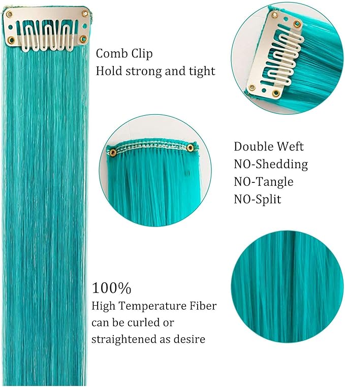 8 PCS Blue Teal Hair Accessories Clip in Colored Hair Extensions for Girls Colorful Hair Pieces Party Highlights Heat Resistant Synthetic Mutilcolors Straight Wig Pieces (Blue Teal)