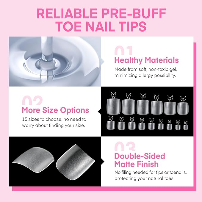 UNA GELLA Square Gel Toe Tips - 504pcs, 15 Sizes, Full Cover, Press Ons, Soak Off, DIY Nail Salon