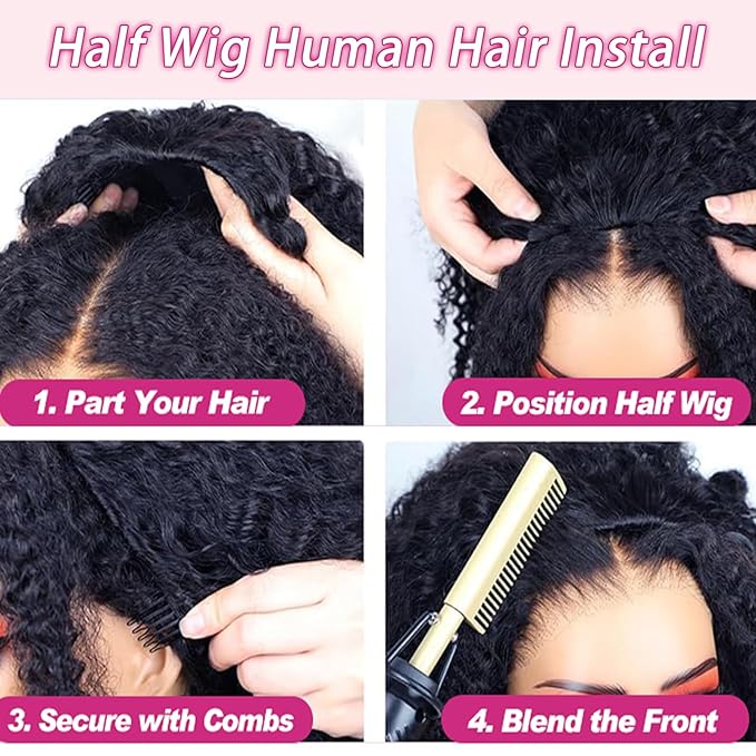 SENSAIRUITE Deep Wave Half Wig Human Hair Curly Half Wigs for Women - Upgrade Drawstring 3 in 1 Seamless Flip Over Glueless Wig 12-inch Natural Black