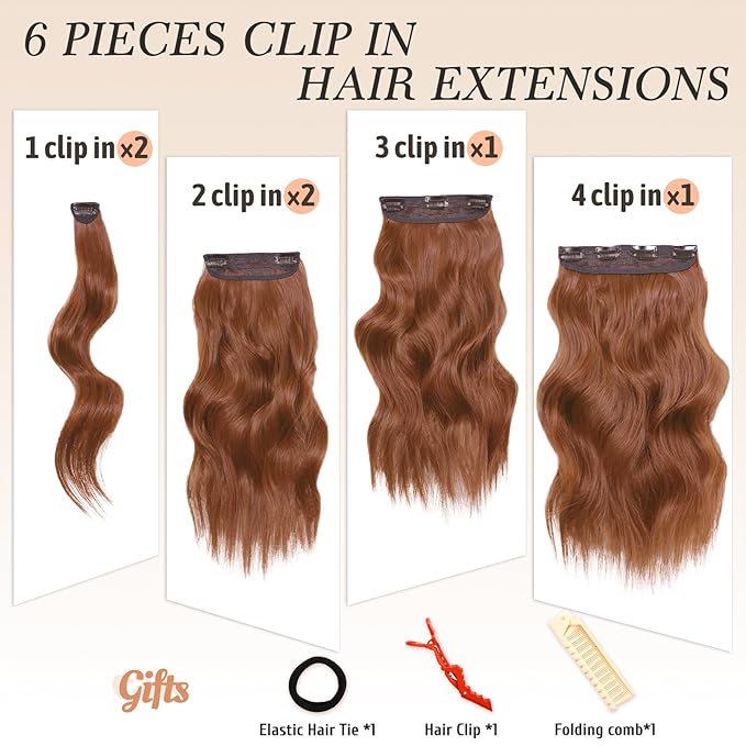 NAYOO Clip in Hair Extensions for Women 14 Inch Short Wavy Curly Auburn Hairpieces Full Head Synthetic Hair Hairpieces(6PCS,Auburn)