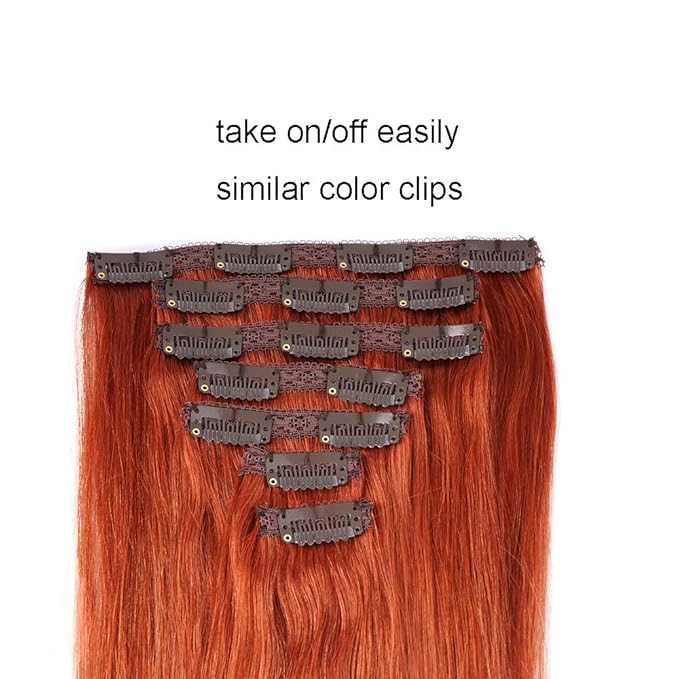20" Clip in Human Hair Extensions Full Head 180g 7 Pieces 16 Clips Copper Red Double Weft Brazilian Real Remy Hair Extensions Thick Straight Silky (20" 180g, #350)