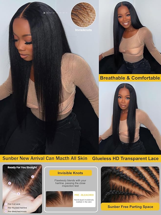 Sunber Yaki Straight Human Hair Bye Bye Knots Pre Cut 7x5 Lace Front Wigs with Drawstring Upgrade 3D Cap Put On and Go 3S Wear Glueless Yaki Wigs Pre Plucked Pre Bleached Invisible Knots 26Inch