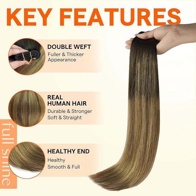 Full Shine Weft Hair Extensions Human Hair Remy Straight Hair Weft Extensions Sew In Hair Extensions Balayage Color Brown To Ash Brown Mix Blonde Human Hair Bundles For Women 14 Inch 100G